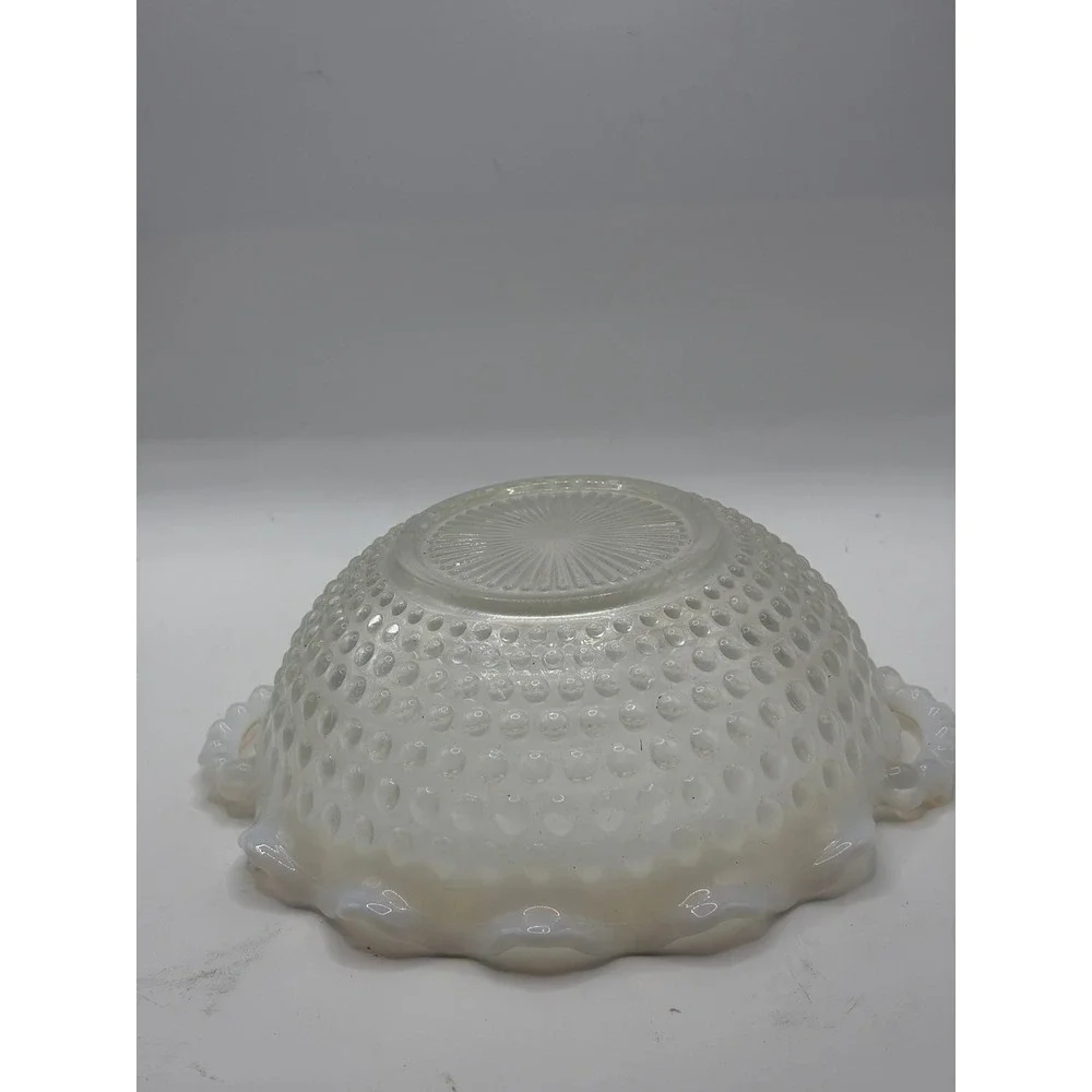 White Opalescent Hobnail Ruffled Double Handled Candy Dish Nappy Bowl